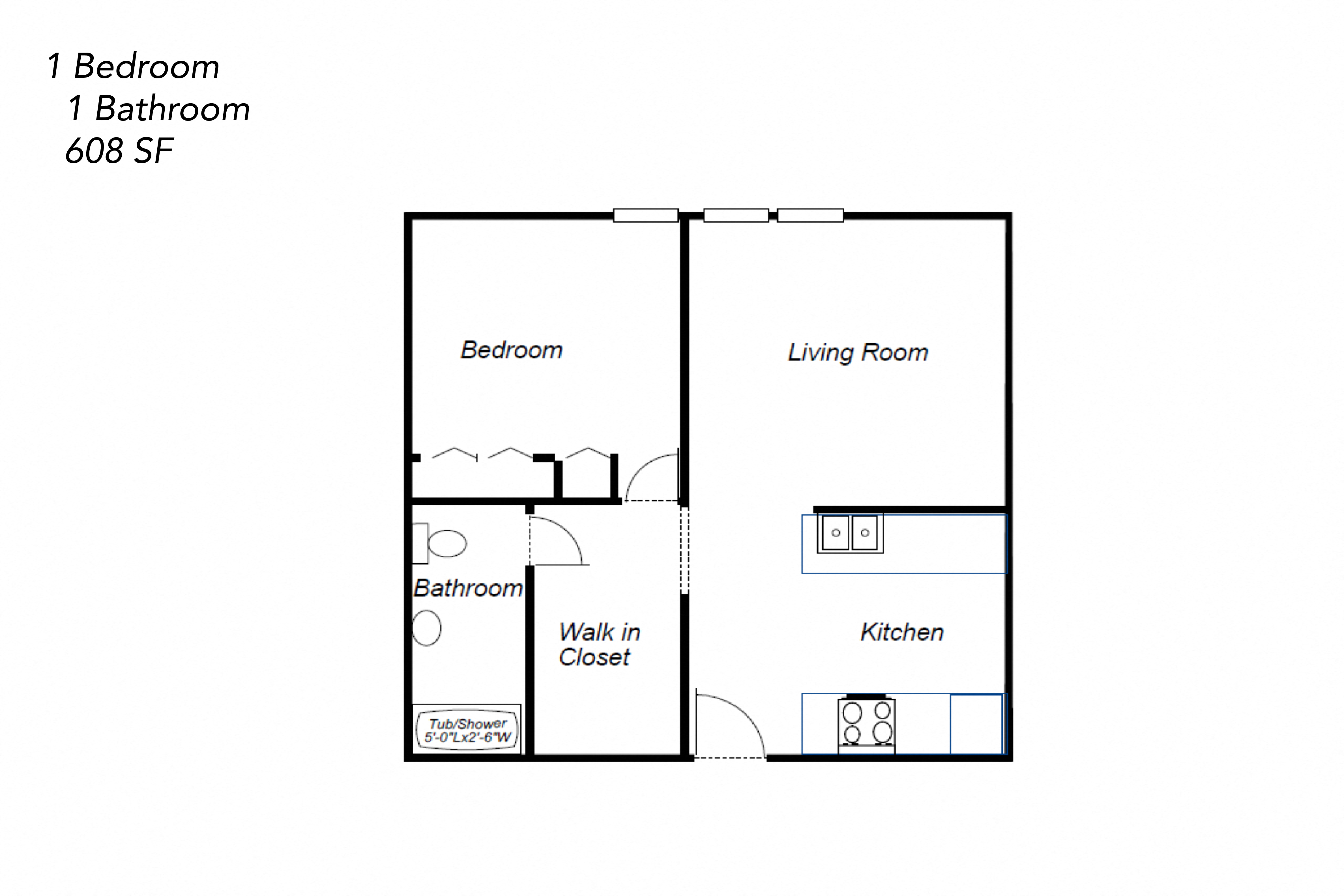 Floor plan for 1 bed, 1 bath, 608 sqft